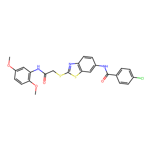 4-chloro-N-[2-({2-[(2,5-dimethoxyphenyl)amino]-2-oxoethyl}sulfanyl)-1,3-benzothiazol-6-yl]benzamide structure