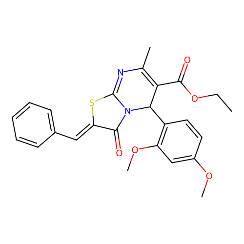 ethyl (2Z)-2-benzylidene-5-(2,4-dimethoxyphenyl)-7-methyl-3-oxo-2,3-dihydro-5H-[1,3]thiazolo[3,2-a]pyrimidine-6-carboxylate structure