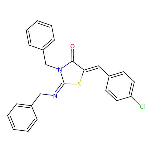 (2E,5Z)-3-benzyl-2-(benzylimino)-5-(4-chlorobenzylidene)-1,3-thiazolidin-4-one structure