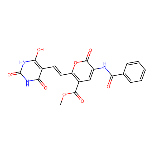 methyl 3-(benzoylamino)-2-oxo-6-[(E)-2-(2,4,6-trihydroxy-5-pyrimidinyl)ethenyl]-2H-pyran-5-carboxylate structure