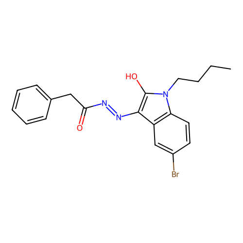 N-[(5-bromo-1-butyl-2-oxoindol-3-ylidene)amino]-2-phenylacetamide structure