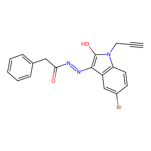N-[(5-bromo-2-oxo-1-prop-2-ynylindol-3-ylidene)amino]-2-phenylacetamide structure
