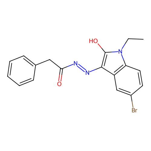 N'-[(3E)-5-bromo-1-ethyl-2-oxo-1,2-dihydro-3H-indol-3-ylidene]-2-phenylacetohydrazide structure
