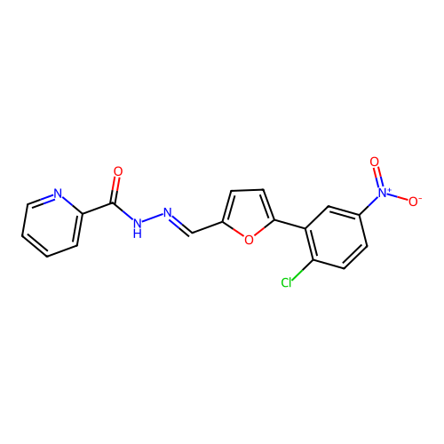 (E)-N'-((5-(2-chloro-5-nitrophenyl)furan-2-yl)methylene)picolinohydrazide structure