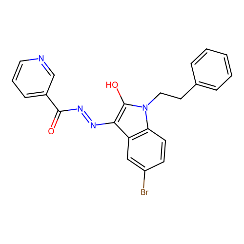 (E)-N'-(5-bromo-2-oxo-1-phenethylindolin-3-ylidene)nicotinohydrazide structure