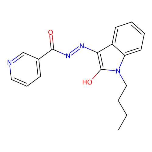 N'-[(3Z)-1-butyl-2-oxo-1,2-dihydro-3H-indol-3-ylidene]pyridine-3-carbohydrazide structure