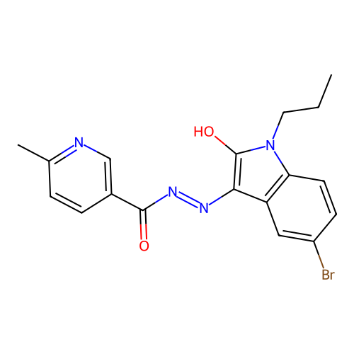 N'-[(3E)-5-bromo-2-oxo-1-propyl-1,2-dihydro-3H-indol-3-ylidene]-6-methylpyridine-3-carbohydrazide structure
