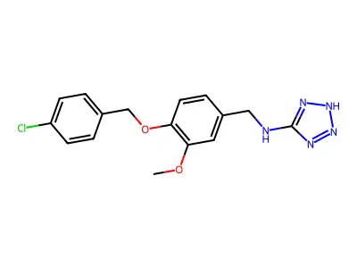 N-[[4-[(4-chlorophenyl)methoxy]-3-methoxyphenyl]methyl]-2H-tetrazol-5-amine structure