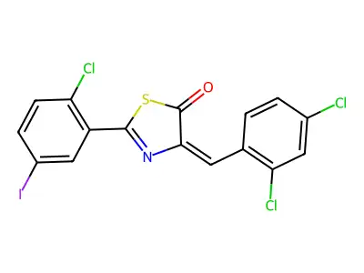 (4E)-2-(2-chloro-5-iodophenyl)-4-[(2,4-dichlorophenyl)methylidene]-1,3-thiazol-5-one structure