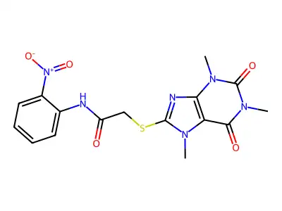 N-(2-nitrophenyl)-2-(1,3,7-trimethyl-2,6-dioxopurin-8-yl)sulfanylacetamide structure