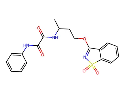 N'-[4-[(1,1-dioxo-1,2-benzothiazol-3-yl)oxy]butan-2-yl]-N-phenyloxamide structure