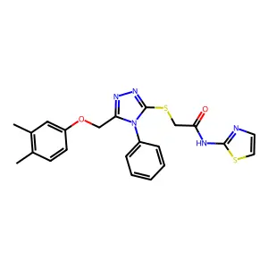 2-[[5-[(3,4-dimethylphenoxy)methyl]-4-phenyl-1,2,4-triazol-3-yl]sulfanyl]-N-(1,3-thiazol-2-yl)acetamide structure