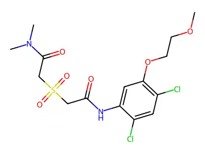 2-({2-[2,4-dichloro-5-(2-methoxyethoxy)anilino]-2-oxoethyl}sulfonyl)-N,N-dimethylacetamide structure