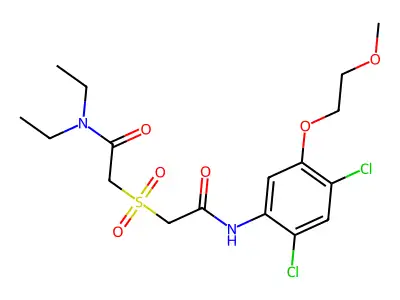 2-({2-[2,4-dichloro-5-(2-methoxyethoxy)anilino]-2-oxoethyl}sulfonyl)-N,N-diethylacetamide structure
