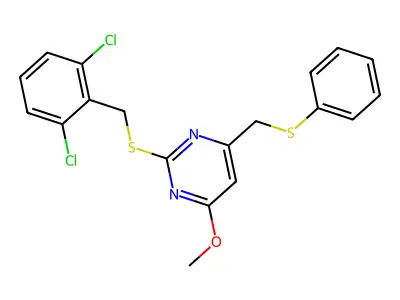 2-[(2,6-Dichlorobenzyl)sulfanyl]-4-methoxy-6-[(phenylsulfanyl)methyl]pyrimidine structure