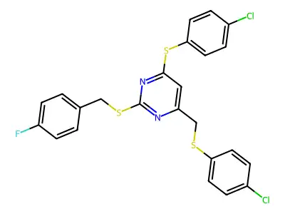 4-[(4-chlorophenyl)sulfanyl]-6-{[(4-chlorophenyl)sulfanyl]methyl}-2-{[(4-fluorophenyl)methyl]sulfanyl}pyrimidine structure