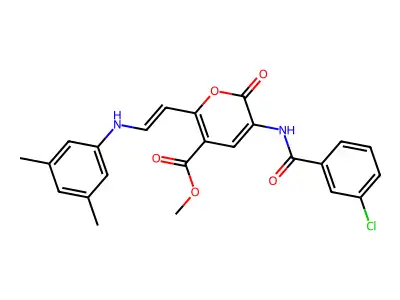 methyl 3-[(3-chlorobenzoyl)amino]-6-[(E)-2-(3,5-dimethylanilino)ethenyl]-2-oxo-2H-pyran-5-carboxylate structure
