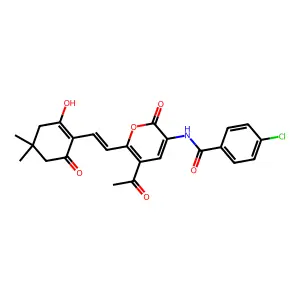 N-{5-acetyl-6-[(E)-2-(2-hydroxy-4,4-dimethyl-6-oxo-1-cyclohexenyl)ethenyl]-2-oxo-2H-pyran-3-yl}-4-chlorobenzenecarboxamide structure