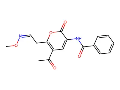 N-[5-acetyl-6-(2-methoxyiminoethyl)-2-oxopyran-3-yl]benzamide structure