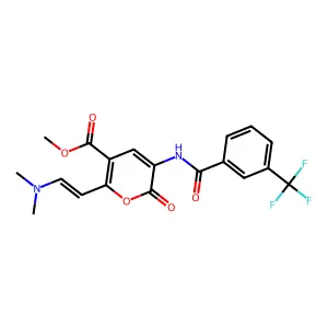 Methyl 2-(2-dimethylaminoethenyl)-6-oxo-5-[[3-(trifluoromethyl)benzoyl]amino]pyran-3-carboxylate structure
