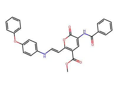 Methyl 5-benzamido-6-oxo-2-[2-(4-phenoxyanilino)ethenyl]pyran-3-carboxylate structure