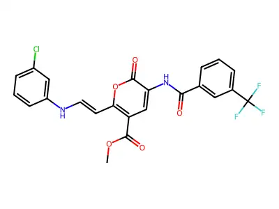 methyl 2-[2-(3-chloroanilino)ethenyl]-6-oxo-5-[[3-(trifluoromethyl)benzoyl]amino]pyran-3-carboxylate structure