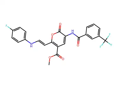 methyl 2-[2-(4-fluoroanilino)ethenyl]-6-oxo-5-[[3-(trifluoromethyl)benzoyl]amino]pyran-3-carboxylate structure