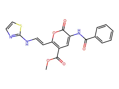 Methyl 5-benzamido-6-oxo-2-[2-(1,3-thiazol-2-ylamino)ethenyl]pyran-3-carboxylate structure