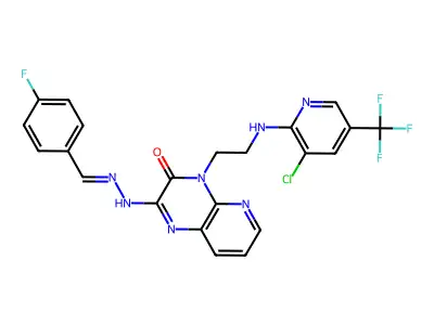 4-[2-[[3-chloro-5-(trifluoromethyl)pyridin-2-yl]amino]ethyl]-2-[2-[(4-fluorophenyl)methylidene]hydrazinyl]pyrido[2,3-b]pyrazin-3-one structure