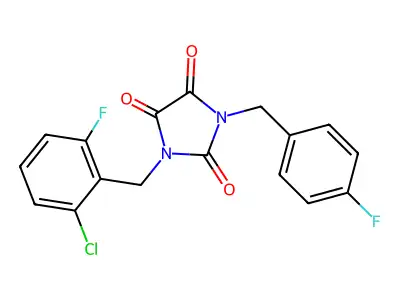 1-[(2-chloro-6-fluorophenyl)methyl]-3-[(4-fluorophenyl)methyl]imidazolidine-2,4,5-trione structure