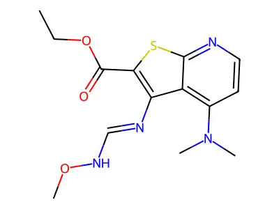 ethyl 4-(dimethylamino)-3-{[(methoxyimino)methyl]amino}thieno[2,3-b]pyridine-2-carboxylate structure