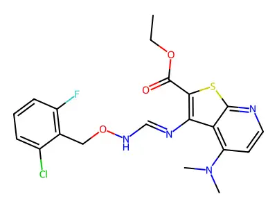 ethyl 3-[({[(2-chloro-6-fluorobenzyl)oxy]imino}methyl)amino]-4-(dimethylamino)thieno[2,3-b]pyridine-2-carboxylate structure