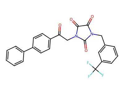 1-[2-oxo-2-(4-phenylphenyl)ethyl]-3-[[3-(trifluoromethyl)phenyl]methyl]imidazolidine-2,4,5-trione structure