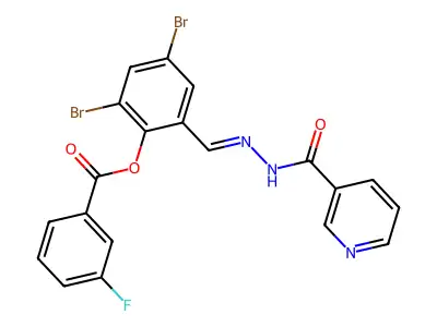 2,4-dibromo-6-{(E)-[2-(pyridin-3-ylcarbonyl)hydrazinylidene]methyl}phenyl 3-fluorobenzoate structure