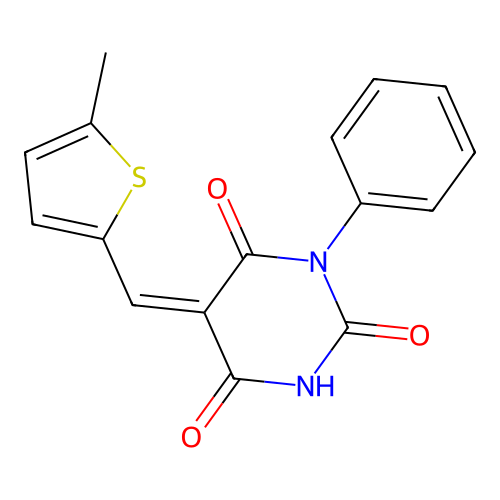 (5Z)-5-[(5-methylthiophen-2-yl)methylidene]-1-phenyl-1,3-diazinane-2,4,6-trione structure