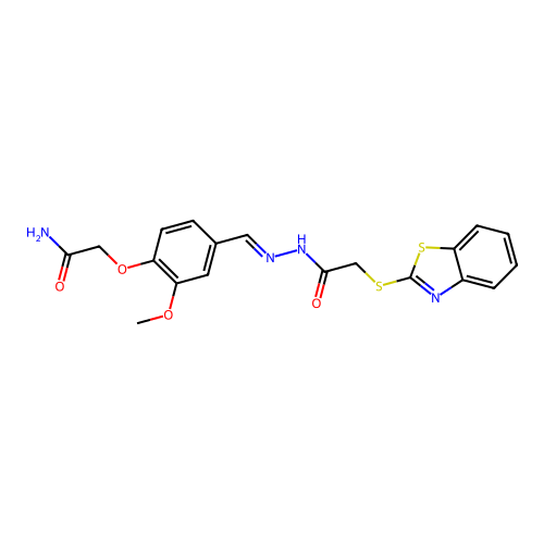 (E)-2-(4-((2-(2-(benzo[d]thiazol-2-ylthio)acetyl)hydrazono)methyl)-2-methoxyphenoxy)acetamide structure