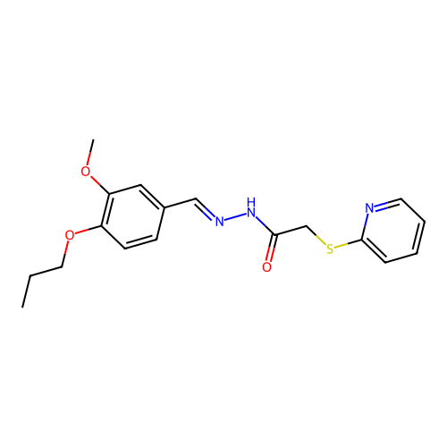 N-[(E)-(3-methoxy-4-propoxyphenyl)methylideneamino]-2-pyridin-2-ylsulfanylacetamide structure