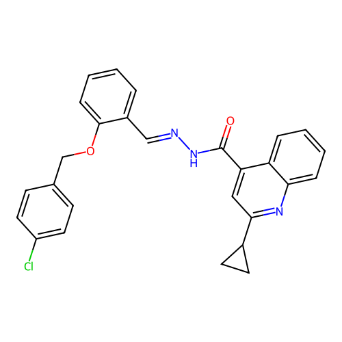 (E)-N'-(2-((4-chlorobenzyl)oxy)benzylidene)-2-cyclopropylquinoline-4-carbohydrazide structure