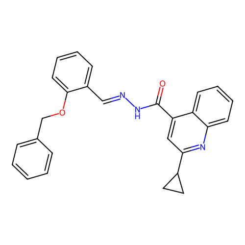 2-cyclopropyl-N-[(E)-(2-phenylmethoxyphenyl)methylideneamino]quinoline-4-carboxamide structure