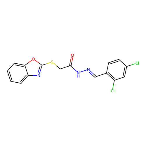 (E)-2-(benzo[d]oxazol-2-ylthio)-N'-(2,4-dichlorobenzylidene)acetohydrazide structure