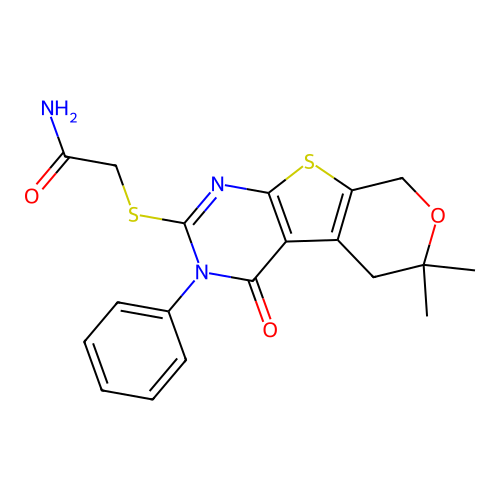2-[(6,6-dimethyl-4-oxo-3-phenyl-3,5,6,8-tetrahydro-4H-pyrano[4',3':4,5]thieno[2,3-d]pyrimidin-2-yl)sulfanyl]acetamide structure