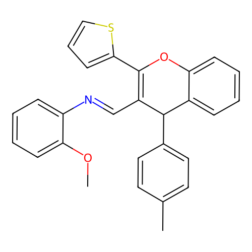 N-(2-methoxyphenyl)-1-[4-(4-methylphenyl)-2-thiophen-2-yl-4H-chromen-3-yl]methanimine structure