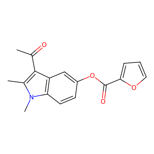 Furan-2-carboxylic acid 3-acetyl-1,2-dimethyl-1H-indol-5-yl ester structure
