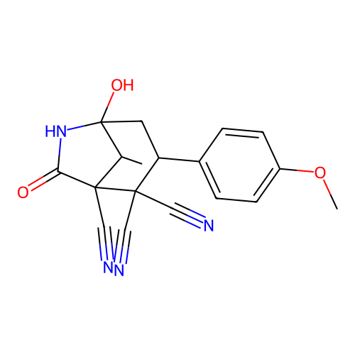5-hydroxy-3-(4-methoxyphenyl)-8-methyl-7-oxo-6-azabicyclo[3.2.1]octane-1,2,2-tricarbonitrile structure