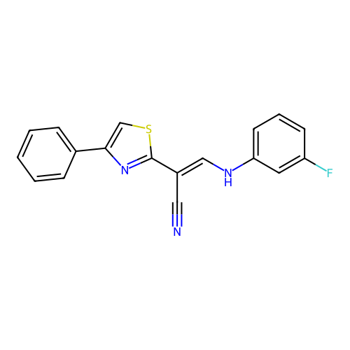 (2E)-3-[(3-fluorophenyl)amino]-2-(4-phenyl-1,3-thiazol-2-yl)prop-2-enenitrile structure