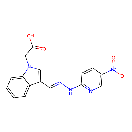 (3-{(E)-[2-(5-nitropyridin-2-yl)hydrazinylidene]methyl}-1H-indol-1-yl)acetic acid structure