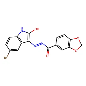 N'-[(3E)-5-bromo-2-oxo-1,2-dihydro-3H-indol-3-ylidene]-1,3-benzodioxole-5-carbohydrazide structure