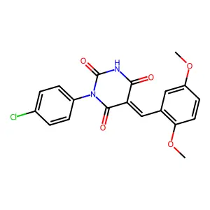 (5Z)-1-(4-chlorophenyl)-5-(2,5-dimethoxybenzylidene)pyrimidine-2,4,6(1H,3H,5H)-trione structure