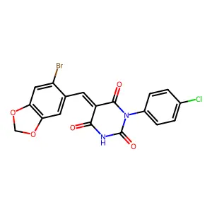 (5Z)-5-[(6-bromo-1,3-benzodioxol-5-yl)methylidene]-1-(4-chlorophenyl)-1,3-diazinane-2,4,6-trione structure