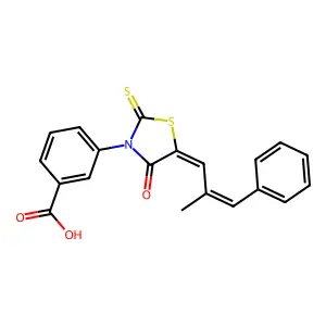 3-[5-(2-methyl-3-phenyl-2-propenylidene)-4-oxo-2-thioxo-1,3-thiazolidin-3-yl]benzoic acid structure
